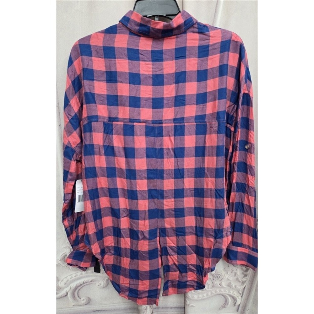 NWT Liverpool XS Button Up Long Sleeve Plaid Pink Blue Top 131998 - Picture 2 of 4